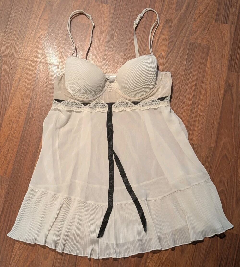 Delicates Ivory Sheer Babydoll Lingerie Dress Lace Bow Large